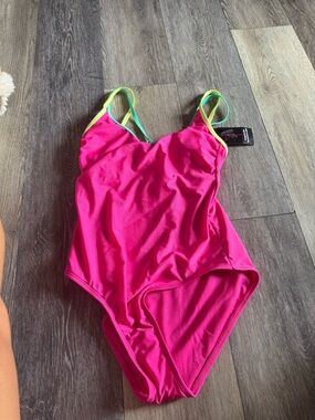 Women’s Bright Pink One-Piece Swimsuit with Contrast Straps Walmart brand